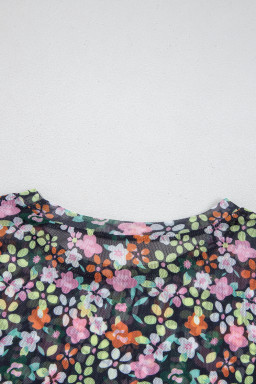 Black Sheer Mesh Floral Round Neck T Shirt with Camisole