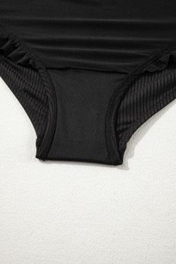 Black Plus Size Textured Knot Ruffle Trim One Piece Swimwear