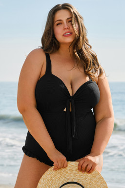 Black Plus Size Textured Knot Ruffle Trim One Piece Swimwear
