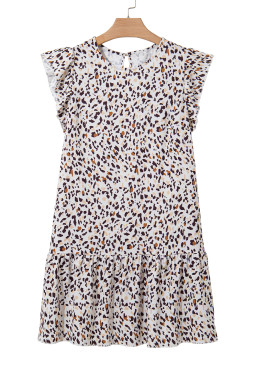 Khaki Leopard Ruffle Flutter Sleeve Keyhole Back Mini Dress