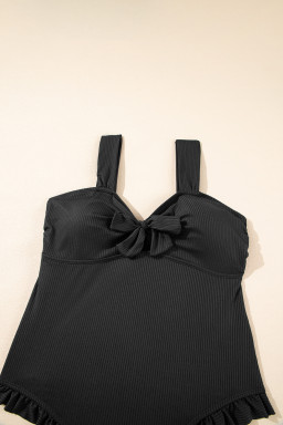 Black Plus Size Textured Knot Ruffle Trim One Piece Swimwear