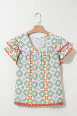 Green Geometric Floral Print Ric Rac Trim Flutter Sleeve Boho Blouse