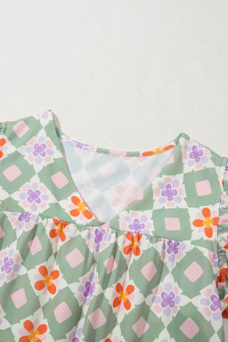 Green Geometric Floral Print Ric Rac Trim Flutter Sleeve Boho Blouse