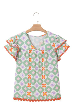 Green Geometric Floral Print Ric Rac Trim Flutter Sleeve Boho Blouse