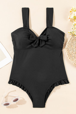 Black Plus Size Textured Knot Ruffle Trim One Piece Swimwear