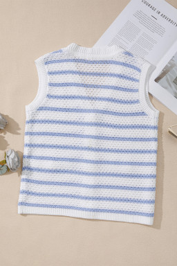 Sky Blue Striped V Neck Button Knit Vest
