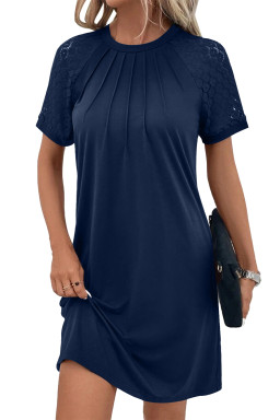 Navy Blue Contrast Lace Raglan Sleeve Pleated Mini Dress