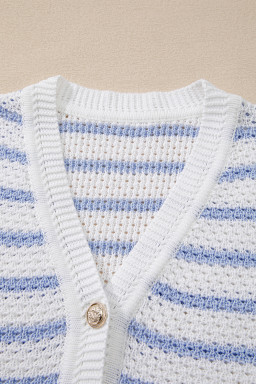 Sky Blue Striped V Neck Button Knit Vest