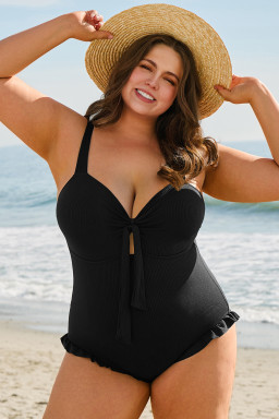 Black Plus Size Textured Knot Ruffle Trim One Piece Swimwear