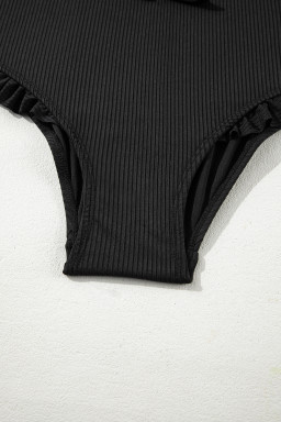 Black Plus Size Textured Knot Ruffle Trim One Piece Swimwear