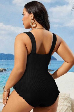Black Plus Size Textured Knot Ruffle Trim One Piece Swimwear