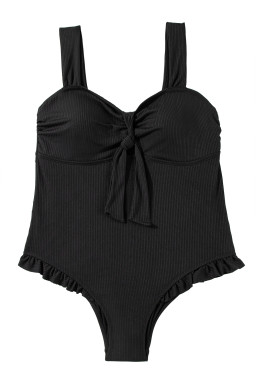 Black Plus Size Textured Knot Ruffle Trim One Piece Swimwear