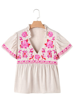 Beige Floral Embroidered Short Sleeve Notched V Neck Blouse