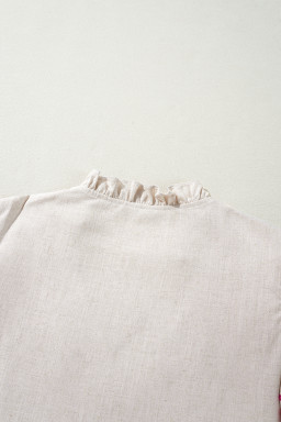 Beige Floral Embroidered Short Sleeve Notched V Neck Blouse