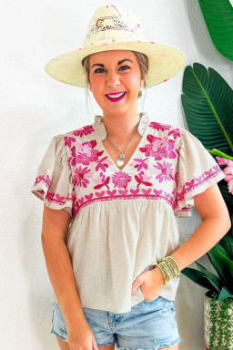 Beige Floral Embroidered Short Sleeve Notched V Neck Blouse