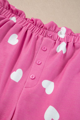 Pink Valentine Heart Print Long Sleeve Top and Shorts Pajama Set