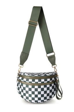 Blackish Green Checkered Print Wide Strap Large Crossbody Bag