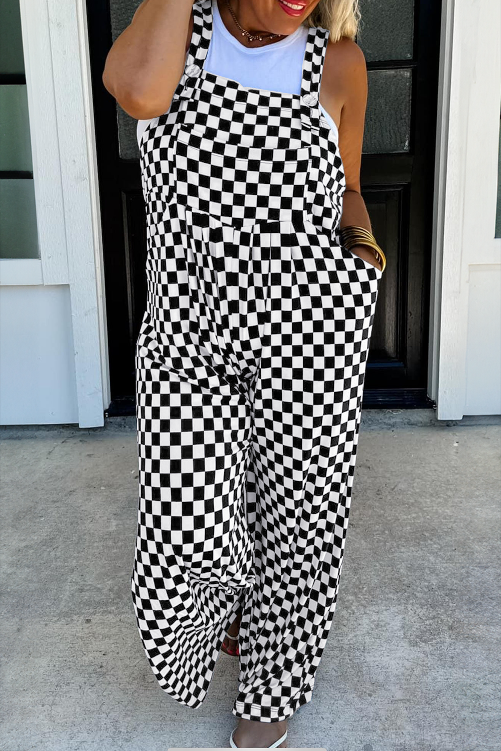 Black Checkered Print Pocketed Wide Leg Overall
