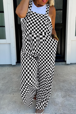 Black Checkered Print Pocketed Wide Leg Overall