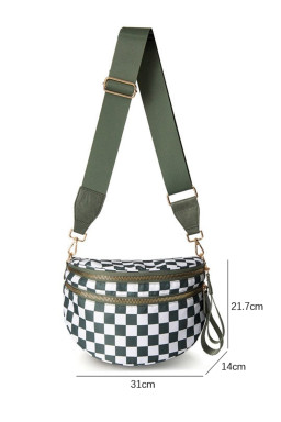 Blackish Green Checkered Print Wide Strap Large Crossbody Bag