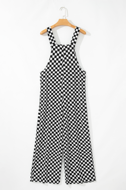 Black Checkered Print Pocketed Wide Leg Overall