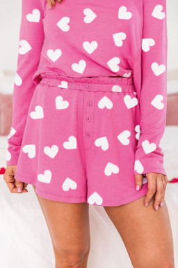 Pink Valentine Heart Print Long Sleeve Top and Shorts Pajama Set