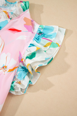 Multicolour Floral Patchwork Frill Notched Neck Ruffle Blouse