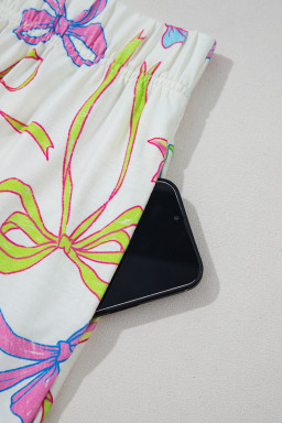 White Colorful Bow Print Pocket Shorts