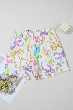 White Colorful Bow Print Pocket Shorts