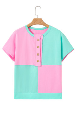 Mint Green Colorblock Half Buttons Henley T Shirt