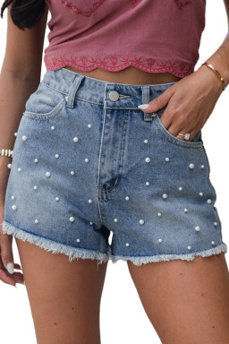 Dusk Blue Pearl Beaded Raw Hem Medium Wash Denim Shorts