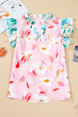 Multicolour Floral Patchwork Frill Notched Neck Ruffle Blouse