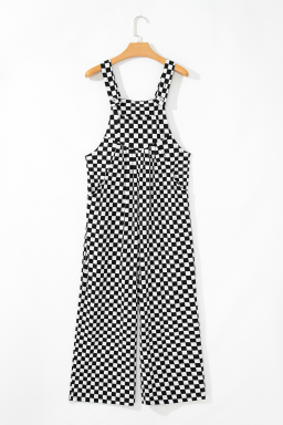 Black Checkered Print Pocketed Wide Leg Overall