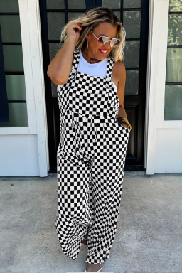 Black Checkered Print Pocketed Wide Leg Overall