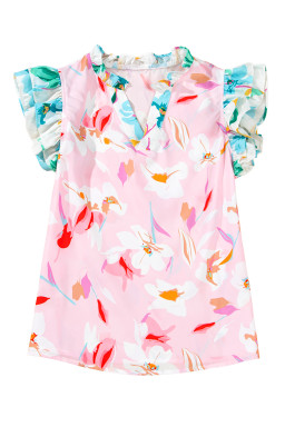 Multicolour Floral Patchwork Frill Notched Neck Ruffle Blouse