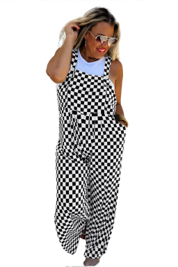 Black Checkered Print Pocketed Wide Leg Overall