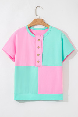 Mint Green Colorblock Half Buttons Henley T Shirt