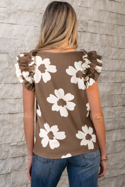 Brown Floral Ruffle Shoulder Square Neck Blouse