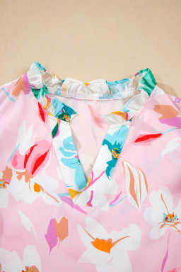 Multicolour Floral Patchwork Frill Notched Neck Ruffle Blouse