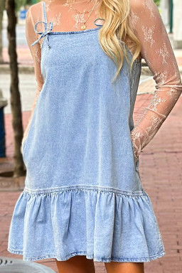 Beau Blue Bow Detail Spaghetti Straps Ruffle Hem Denim Dress