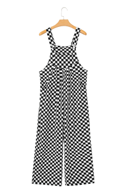 Black Checkered Print Pocketed Wide Leg Overall