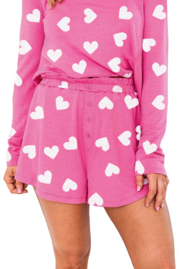 Pink Valentine Heart Print Long Sleeve Top and Shorts Pajama Set