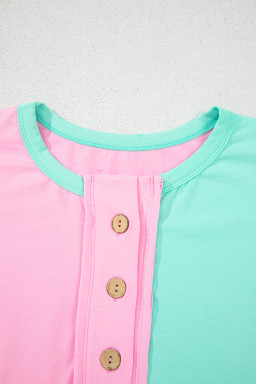 Mint Green Colorblock Half Buttons Henley T Shirt