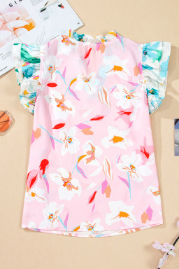 Multicolour Floral Patchwork Frill Notched Neck Ruffle Blouse