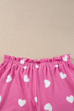 Pink Valentine Heart Print Long Sleeve Top and Shorts Pajama Set