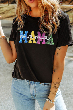 Black Sequin MAMA mama Letter Graphic Tee