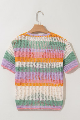 Orange Colorblock Striped Cropped Pointelle Knit Top