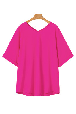 Bright Pink Seamed Back High Low Hem V Neck Plus Size Tee