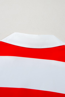 Red Stripe Colorblock Patchwork Short Sleeve Collar Top