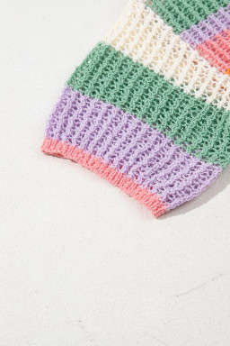 Orange Colorblock Striped Cropped Pointelle Knit Top